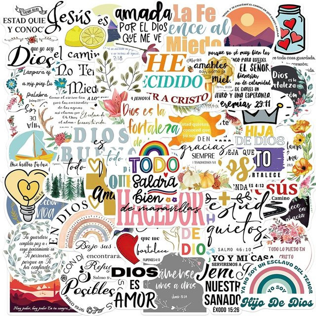 Set aus 50 oder 100 ästhetischen PVC-Stickern mit spanischen Bibelmotiven zur Dekoration für Scrapbooking und Schulbedarf, Mehrfarbig - Bild 1