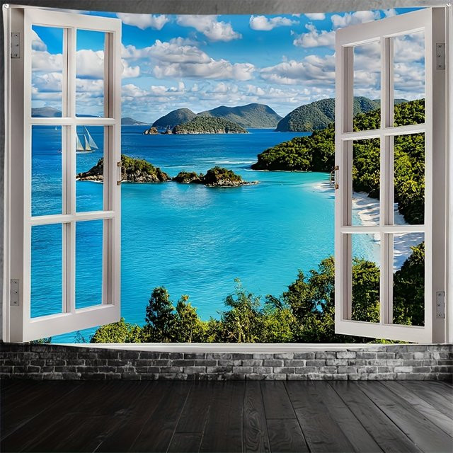 VIKAMA Wandteppich mit tropischer Insel-Landschaft und Meeresblick in Blau, moderner Wandbehang für Wohnzimmer und Schlafzimmer, B/H: 60 x 40 cm - Bild 1
