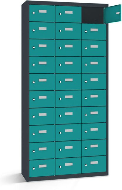 rotstahl Wertfachschrank mit 30 Fächern, Korpus Anthrazitgrau und Türen in Türkis, B/T/H: 117,5 x 50 x 180 cm - Bild 1