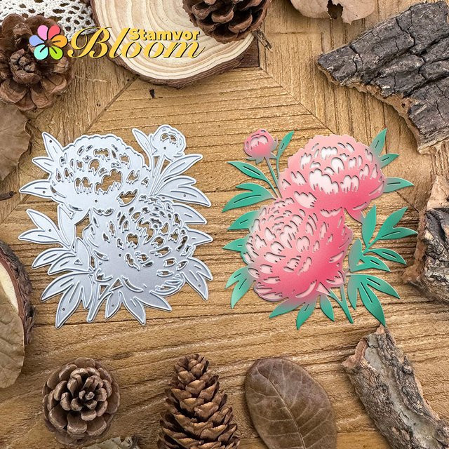 Metall-Stanzform Pfingstrosen und Blätter Silhouette in Silber für Scrapbooking und dekorative Prägung - Bild 1