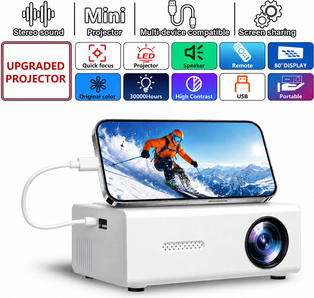 ZNLYRION Smart Projektor mit 4K-Dekodierung, 180 Grad drehbar, WiFi 6 und Android 11, Tragbares Heimkino in Weiß - Bild 1