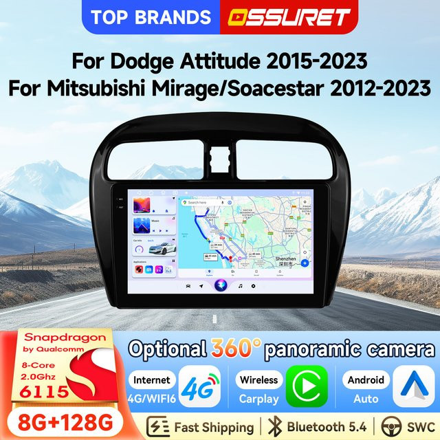 OSSURET Android 14 Autoradio mit 9 Zoll Display, Snapdragon 6115, GPS-Navigation, CarPlay und Android Auto für Dodge Attitude 2015-2023 sowie Mitsubishi Mirage/SpaceStar 2012-2023, Schwarz - Bild 1