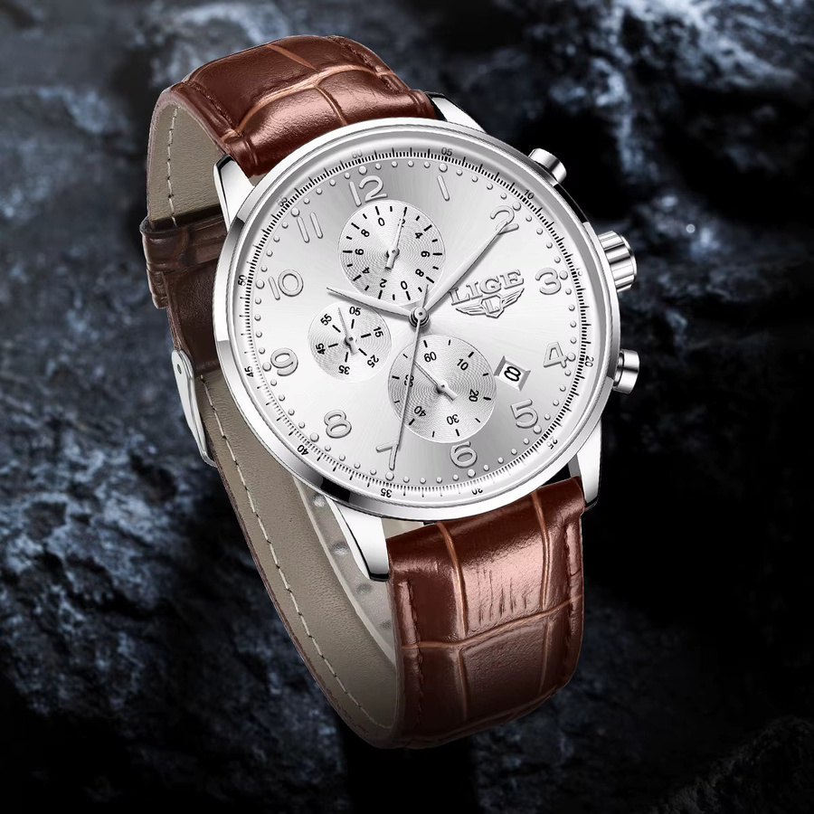 LIGE Armbanduhr Chronograph, Quarz, Leder, Schwarz, Herren - Bild 2