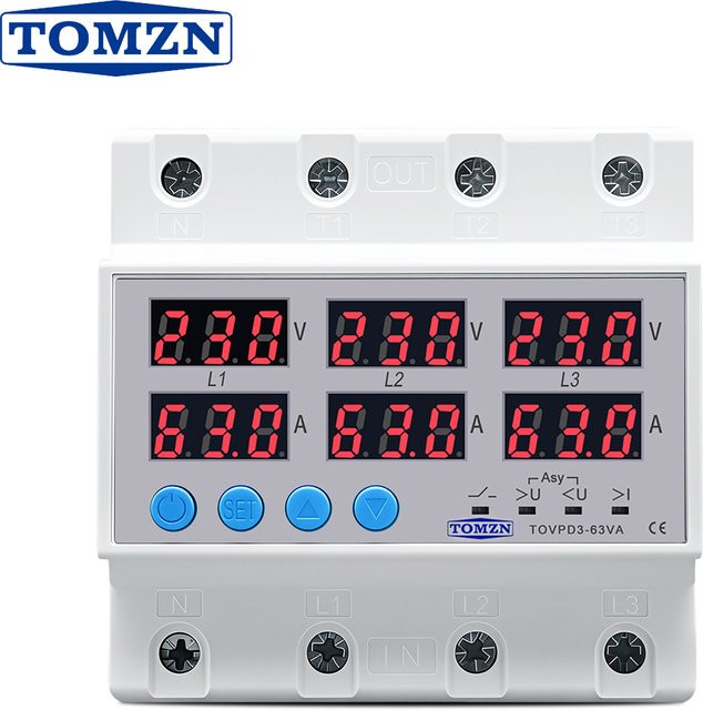 TOMZN 3-Phasen-4-Draht Spannungs-Strom-Schutzrelais mit einstellbarem Über-/Unterstrom-Monitor als 3P+N DIN-Schienen-Schutzschalter in Weiß - Bild 1