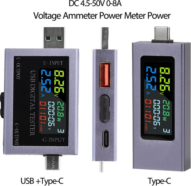 Diymore Dual USB Typ-C Multifunktions Tester mit Digital Display als Spannungs- und Strommessgerät für 4,5-50 V und 0-8 A in Grau - Bild 1