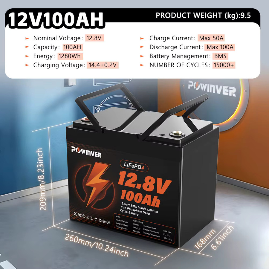 POWINVER LiFePO4 Lithium-Eisenphosphat-Batterie 12,8V 100Ah mit integriertem Smart BMS in Schwarz für Solarsysteme, Wohnmobile, Boote und Marine - Bild 6