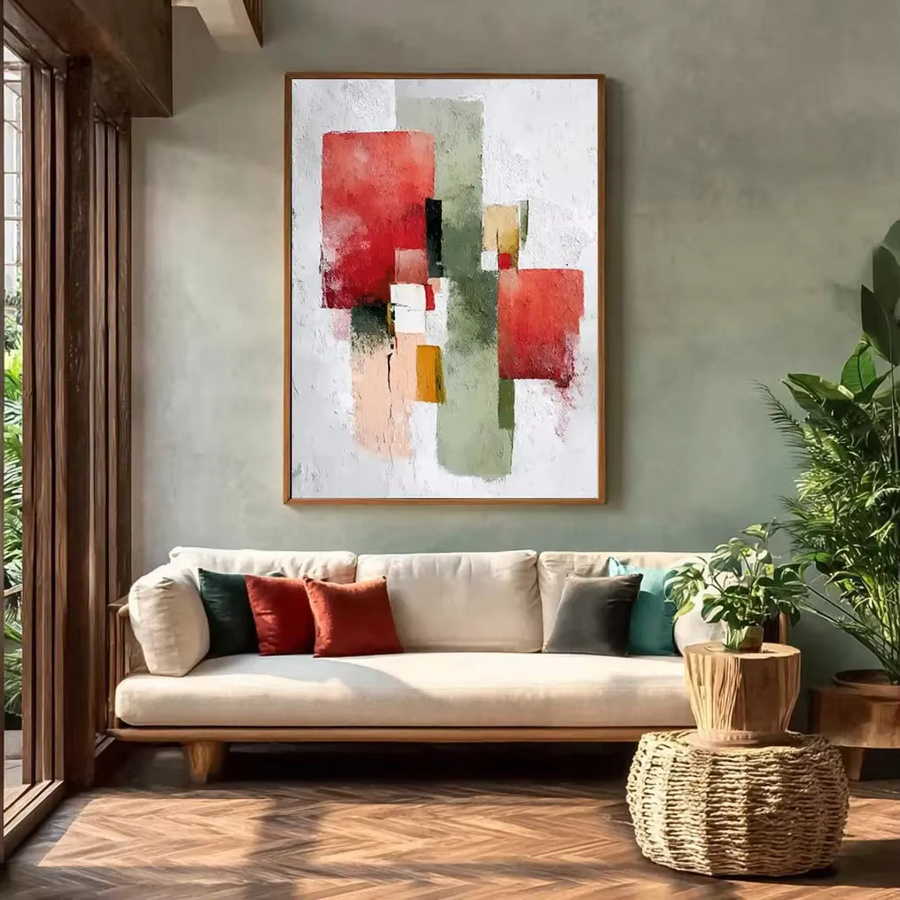 Abstraktes handgemaltes Gemälde auf Leinwand in Rot und Grün, minimalistische geometrische Wandkunst von SHENCHEN - Bild 1