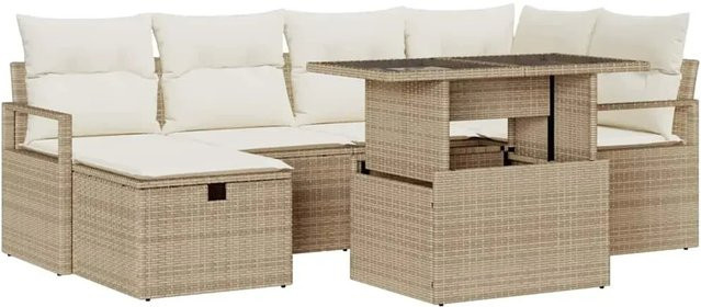 vidaXL 7-teiliges Garten Sofa Set aus Polyrattan in Beige mit Kissen, Ottomane und Couchtisch - Bild 1