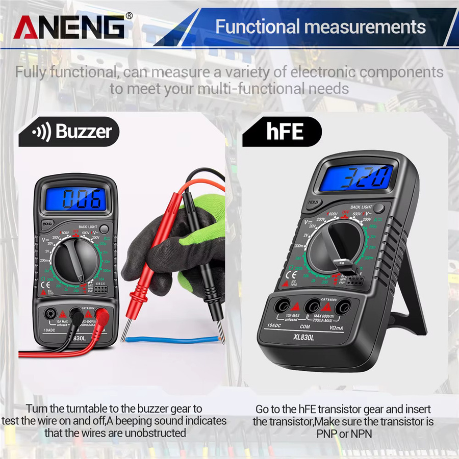 ANENG XL830L Digitales Multimeter in Schwarz als ESR-Messgerät und Transistor-Spitzentester für Kfz-Elektrik - Bild 3