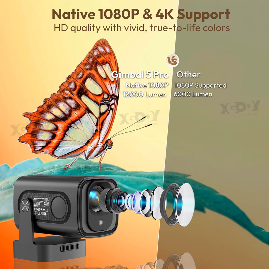 XGODY 4K Projektor Gimbal 5 Pro mit Android TV, Native 1080P Full HD, Autofokus, 330 ANSI, Dual Wifi und Bluetooth 5.4 für Home und Outdoor - Bild 4