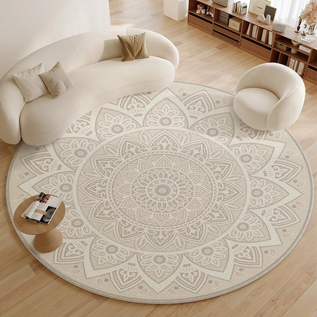 Runder Teppich in Beige im modernen französischen Stil, Waschbare und Anti-Rutsch Lounge Matte für Wohnzimmer und Schlafzimmer, Durchmesser: 200 cm - Bild 1