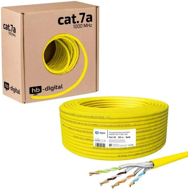 hb-digital Netzwerkkabel CAT 7a Verlegekabel S/FTP AWG23 LSZH Ethernet LAN Gelb 50m - Bild 1