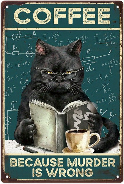Putuo Decor Vintage Metallblechschild Black Cat mit Kaffeethema in Schwarz, B/H: 30 x 20 cm - Bild 1