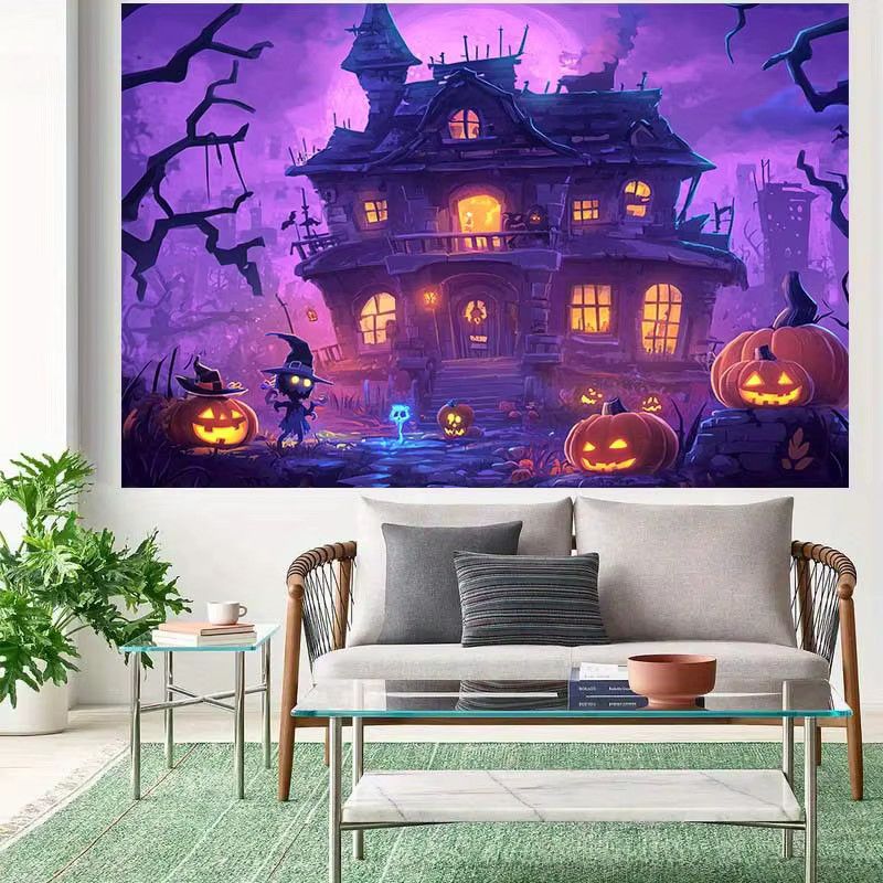 Sjs Halloween Hintergrundstoff mit Hexe, Kürbislaterne und Spukhaus-Design, mehrfarbig - Bild 3