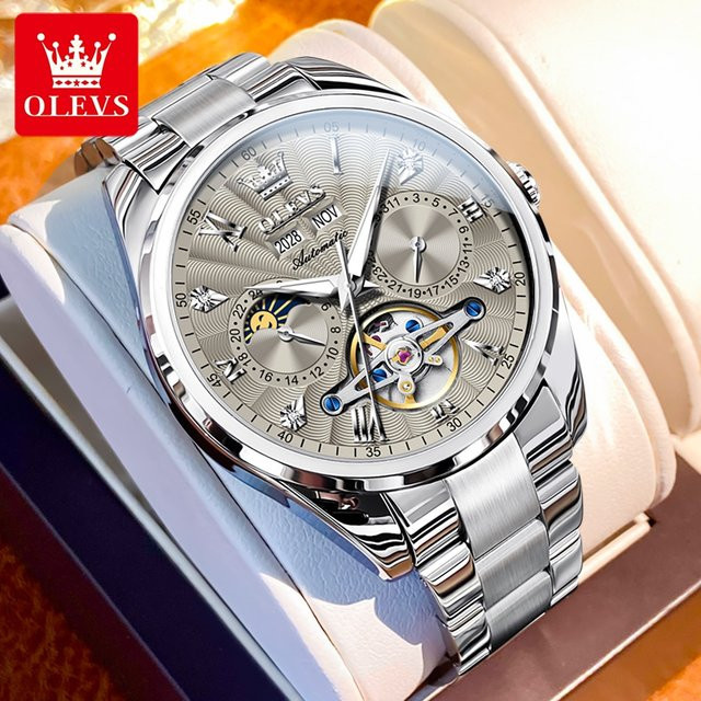 OLEVS Armbanduhr Automatik, Edelstahl, Silber, Weiß, Herren - Bild 1