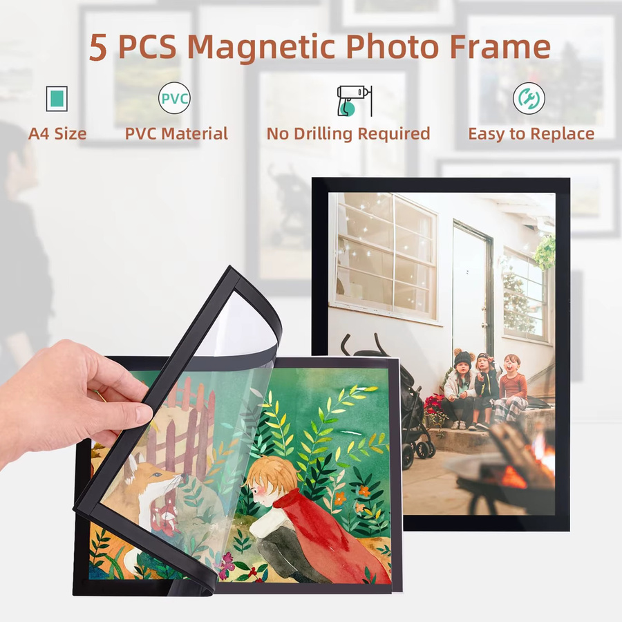 5er Set ESHANG Magnetische Fotorahmen A4 in Schwarz, Selbstklebender Posterrahmen aus PVC für Wandmontage, B/H: 21 x 29,7 cm - Bild 4