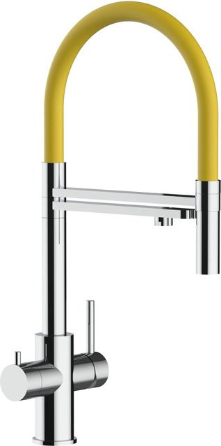 VIZIO 5-Wege Küchenarmatur aus Edelstahl mit 360° schwenkbarem Auslauf und abnehmbarer 2-Strahl Handbrause in Gelb und Silber - Bild 1