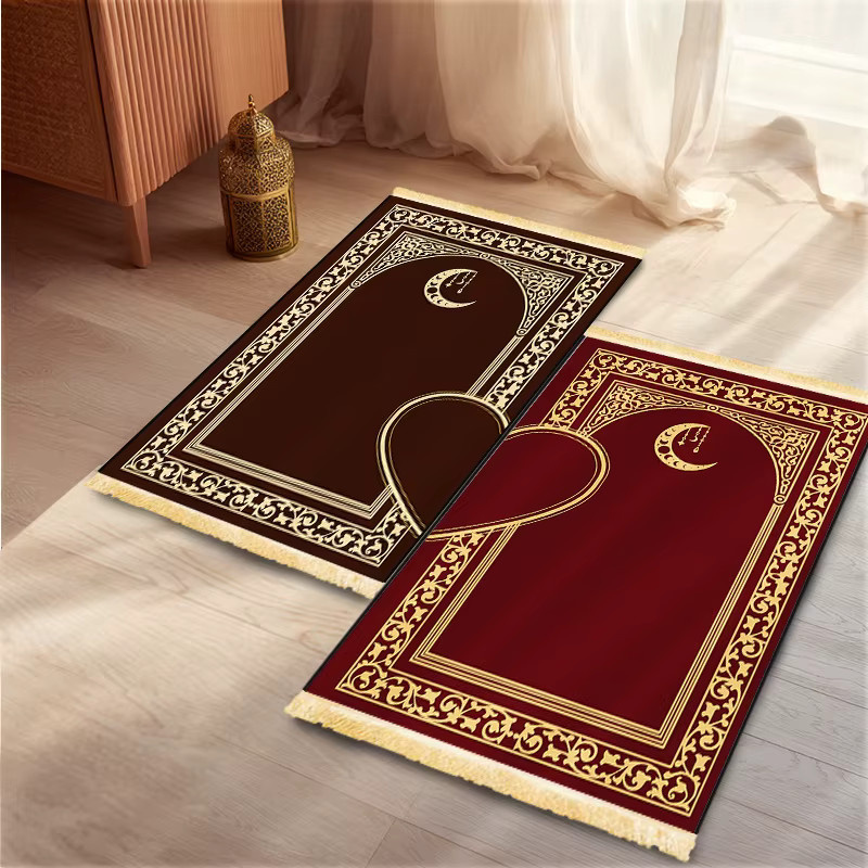 VIKAMA 2-teiliges luxuriöses islamisches Gebetsteppich-Set für Paare, weich und faltbar mit orientalischem Design und herzförmigen Fransen, B/T: 110 x 110 cm - Bild 3