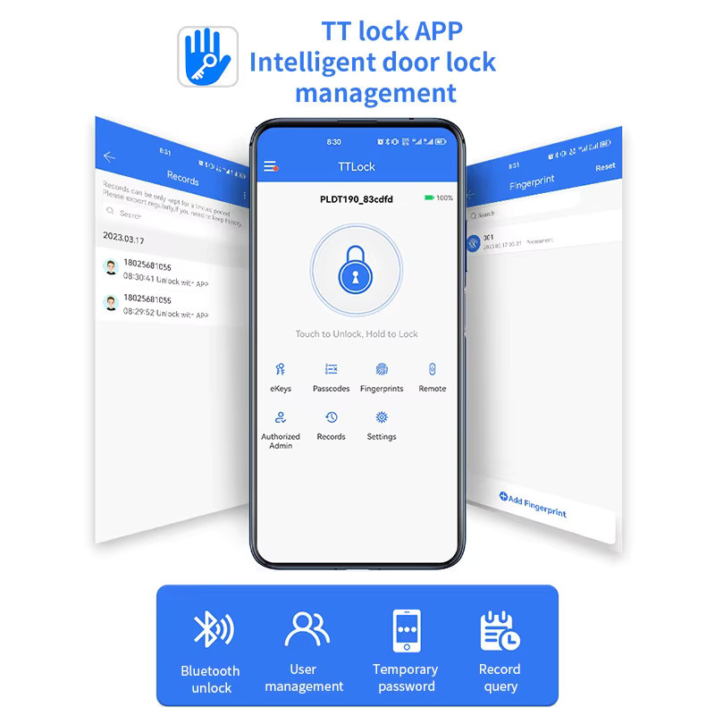 XSDTS Smart Lock Elektronisches Türschloss mit Fingerabdruck, Passwort und Bluetooth via TTLock App, kompatibel mit Google Home und Alexa, Farbe: Schwarz - Bild 2