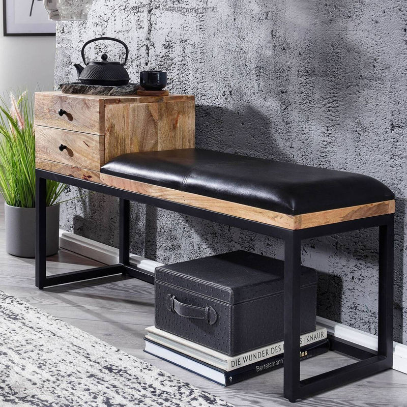 Wohnling Sitzbank im Retro-Style aus Mango-Massivholz und Ziegenleder in Schwarz, B/H/T: 100 x 60 x 35 cm - Bild 4