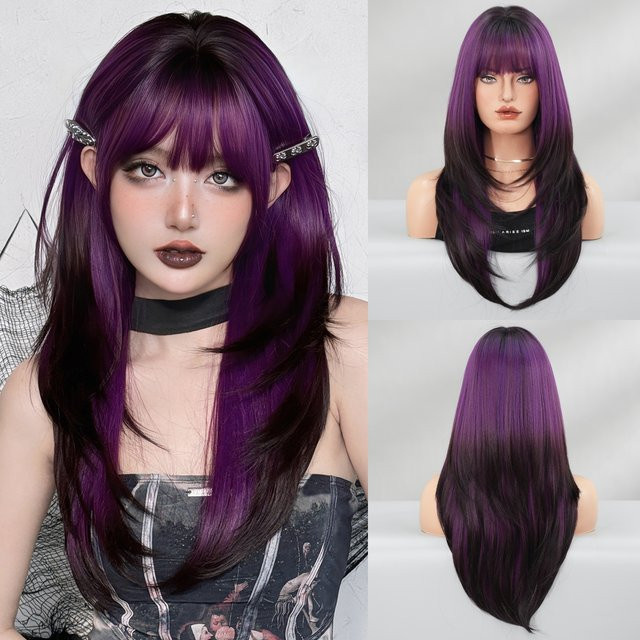 7JHH WIGS Perücke Damen, schwarz-lila Ombré, synthetisch, hitzebeständig - Bild 1