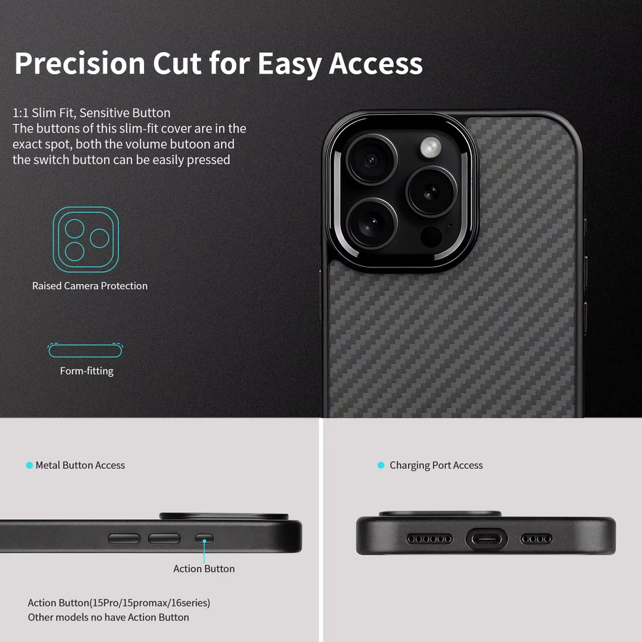 Stoßfeste iPhone Hülle mit Metallrahmen und 100 % Kohlefaser-Rüstung aus Aramidfaser für iPhone 16 Pro Max 15 14 13 12 11, kabelloses Laden, Schwarz/Silber - Bild 2