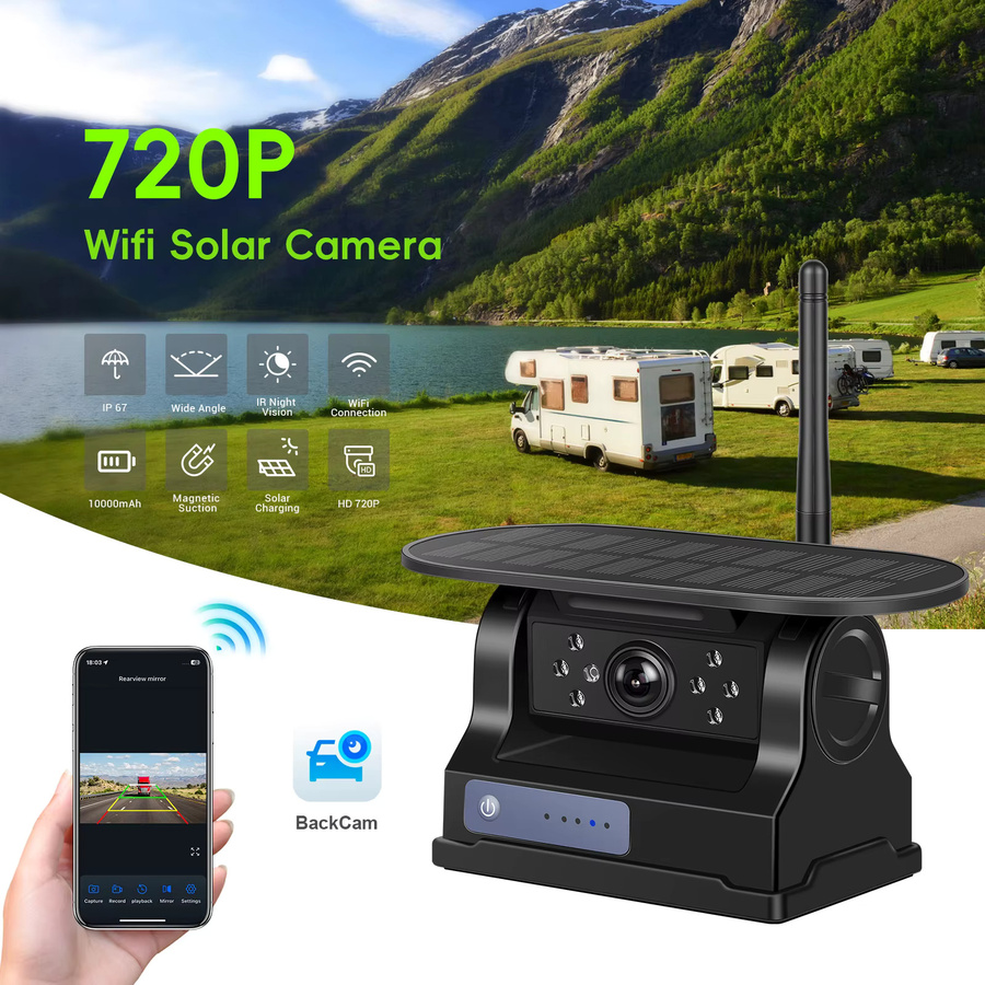 Podofo Kabellose WLAN-Rückfahrkamera mit Solarpanel, 720P HD, Infrarot-Nachtsicht, IP67 Wasserdicht und Magnetischem Design, Schwarz - Bild 8