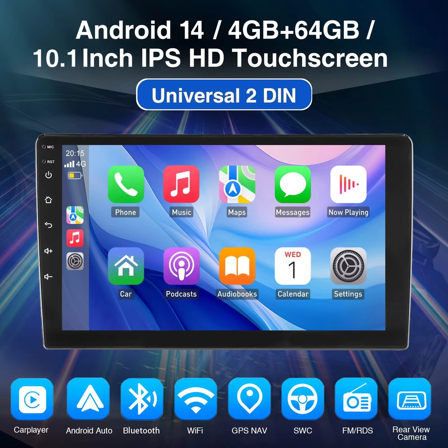 ESSGOO Universal Auto-Radio mit 10 Zoll Android 14 Display, 4G+64G, Bluetooth, GPS Navigation, Drahtloses CarPlay und Android Auto, WiFi, Touchscreen, FM RDS, Lenkradsteuerung und Mirror Link in Schwarz - Bild 2