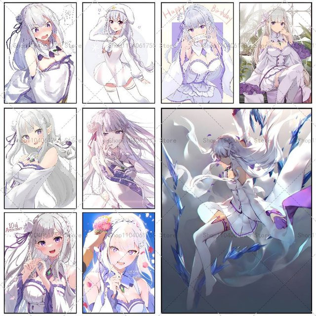Anime Rei ZERO Emilia Wanddeko als selbstklebender Kunst-Aufkleber aus wasserfestem Papier, Mehrfarbig, Rechteckig - Bild 1