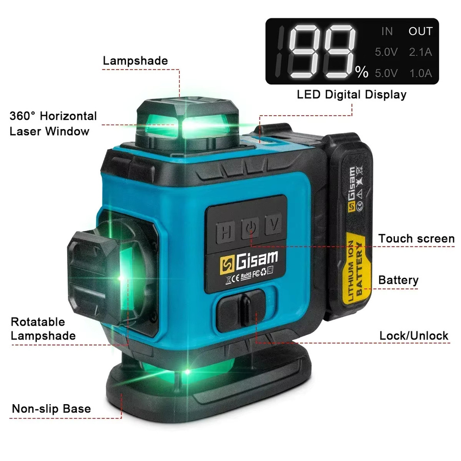 Gisam 16-Linien 4D Laser-Wasserwaage mit Stativ, selbstnivellierend, 360 Grad horizontal und vertikal, grüner Laser - Bild 3