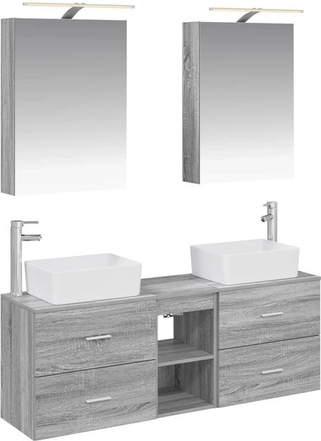 vidaXL Badezimmermöbel-Set in Grau, modern gestaltet mit Waschtischunterschrank, Spiegelschrank, LED-Beleuchtung und Glastüren aus Ingenieurholz und Glas - Bild 1
