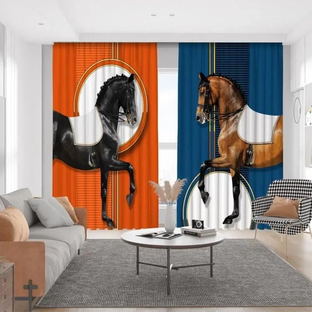 Pferdedraperiepaneele mit Motiv laufender Kastanienpferde, Stute und Fohlen auf Sommerwiese, 2er-Set Fenstergardinen mit Ösen, Farbe Orange, Breite: 60 cm, Höhe: 60 cm - Bild 1