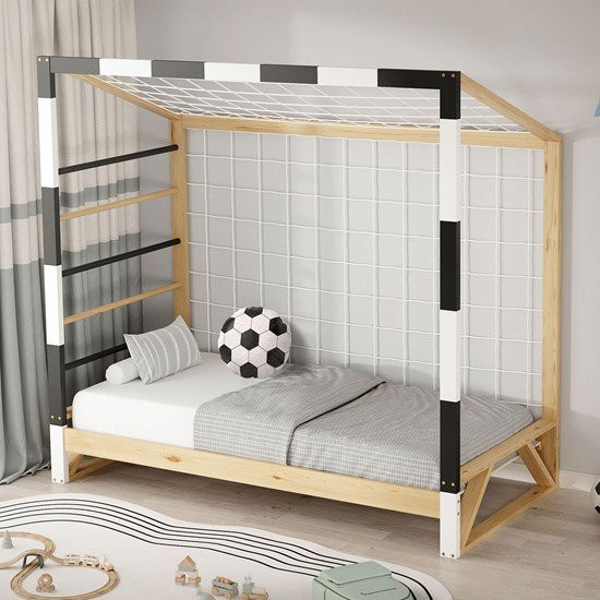 ML-Design Kinderbett Fußballtor aus massivem Kiefernholz mit Lattenrost in Schwarz-Weiß-Beige, B/T/H: 160 x 80 x 86 cm - Bild 1