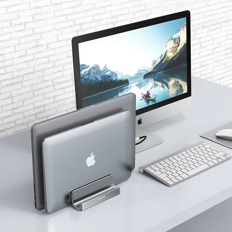 CABLETIME Aluminium Vertikaler Laptop-Ständer und Doppel-Tablet-Halter in Grau für MacBook, iPad, HP und Dell Notebooks sowie Smartphone - Bild 2