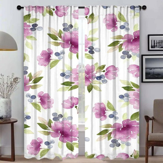 Zweiteiliges Blumen-Fenstervorhang-Set mit floralem Design in Mehrfarbig, semi-transparent, Breite: 50 cm, Höhe: 70 cm - Bild 1