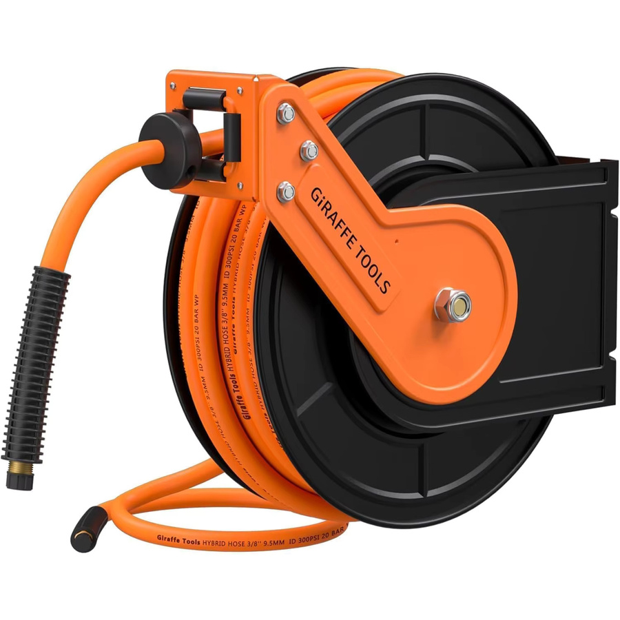 Giraffe Tools Druckluftschlauchtrommel mit Automatik-Aufroller, 15 m Schlauchlänge, 1/4 Zoll Anschluss, 3/8 Zoll Schlauch Ø 9,5 mm, max. 20 bar, Stahlkonstruktion, Farbe: Orange - Bild 5