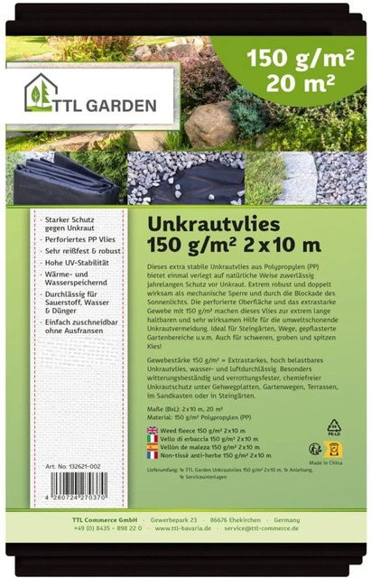 TTL GARDEN Unkrautvlies Schwarz 2x10m, 20m² mit 150g/m², extra starkes Gartenvlies und Mulchvlies, UV-stabil und wasserdurchlässig - Bild 1