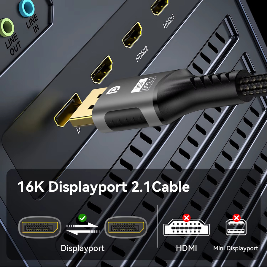 Jiansu DisplayPort 2.1 Kabel in Schwarz für 16K@30Hz, 8K@120Hz und 4K@240Hz mit 80Gbps Ultra HD Video und Audio für Laptop, TV, Xbox, Projektor und Monitor - Bild 5