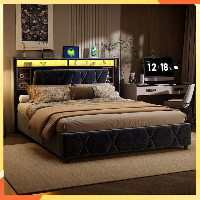 Anajqaqia Polsterbett aus Samt mit Stauraum, LED-Beleuchtung und USB-Anschluss, Plattformbett in Grau, B/T: 140 x 200 cm - Bild 1