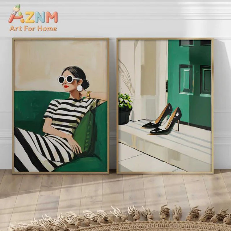 AZNM 2er-Set moderner Leinwanddruck im Hochformat mit Porträt einer eleganten Frau in Grün und Schwarz auf Papier - Bild 1