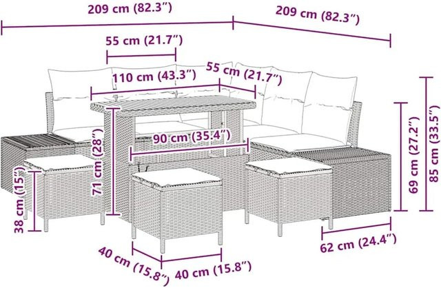 vidaXL Garten-Sofa-Set aus Polyrattan in Schwarz-Creme, 9-teiliges L-Shape Lounge-Set mit Stauraum und Polstern - Bild 1