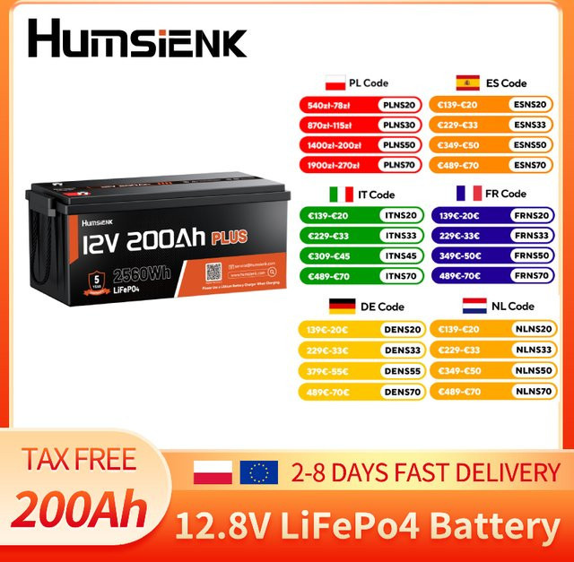 Humsienk 12V 200Ah LiFePO4 Batterie mit 2560Wh, Lithium-Trollingmotor-Batterie mit Niedertemperaturschutz und 250A BMS für Marine, Boote und Wohnmobile, Schwarz - Bild 1