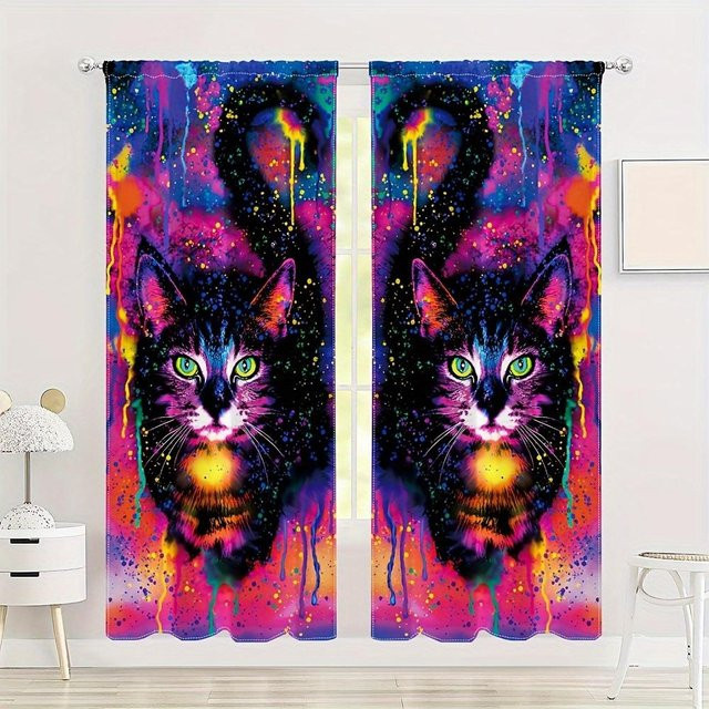 2er-Set Vorhang mit Katzen-Motiv in Schwarz und Weiß, halbtransparent, waschbar, B/H: 60 x 50 cm pro Paneel - Bild 1
