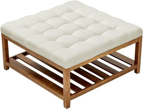 VEVOR quadratischer Couchtisch mit Massivholz-Ablage und gepolsterter Leinen-Ottomane, Cremeweiß, B/T/H: 87,5 x 87,5 x 44,5 cm - Bild 1