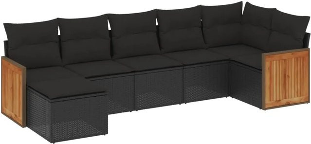 vidaXL 7-tlg. Garten-Sofagarnitur in L-Form aus Poly-Rattan und pulverbeschichtetem Stahl mit Kissen in Schwarz - Bild 1