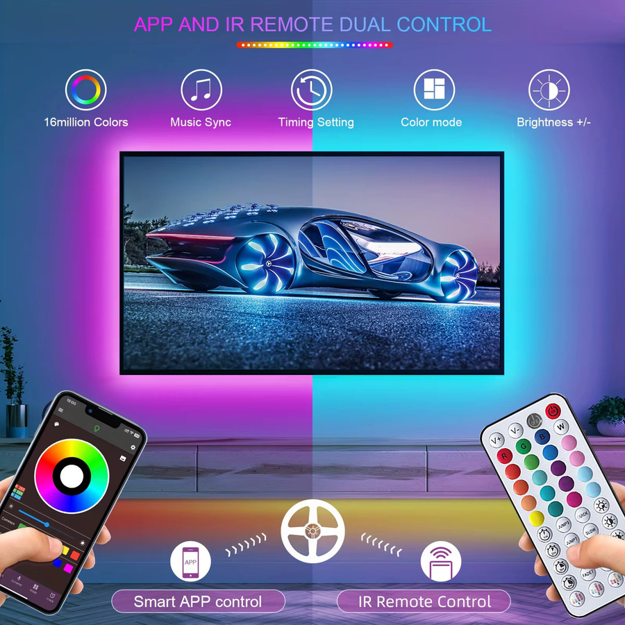 Mikenoon RGB LED-Streifen mit Musik-Synchronisation und App-Steuerung, Multicolour TV-Hintergrundbeleuchtung mit 30 LEDs/m - Bild 2