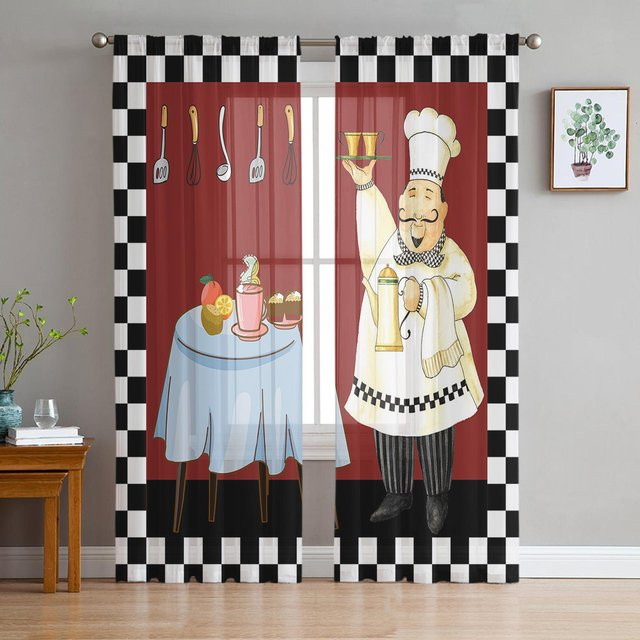 Transparente Tüll-Voile-Vorhänge mit rot-schwarz-weiß kariertem Muster für Küche und Wohnzimmer, Breite: 135 cm, Höhe: 115 cm - Bild 1