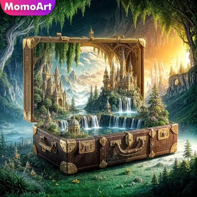 Momoart DIY Diamant-Stickerei-Set Landschaft Abstrakt mit Schloss und Haus als Mosaik Wanddekoration mit runden Diamanten - Bild 1