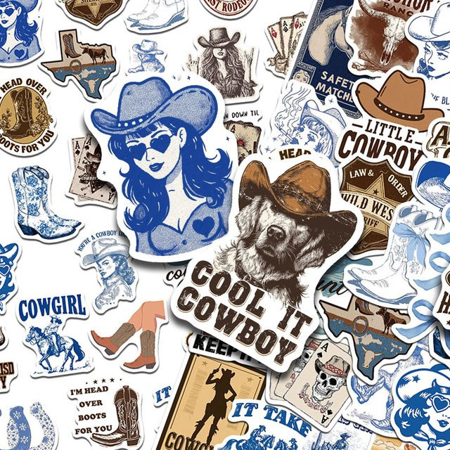 50 Stück Cowboy-Aufkleber in Blau und Braun, wasserfeste ästhetische Sticker für Laptop, Skateboard und DIY-Projekte - Bild 1
