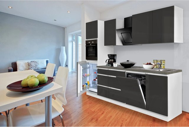 Respekta Premium Küchenzeile in Grau Hochglanz und Weiß, puristisch-modernes Design mit Soft-Close-Türen und internen Schubladen, Breite: 280 cm, Höhe: 220,5 cm, Tiefe: 55,5 cm - Bild 1